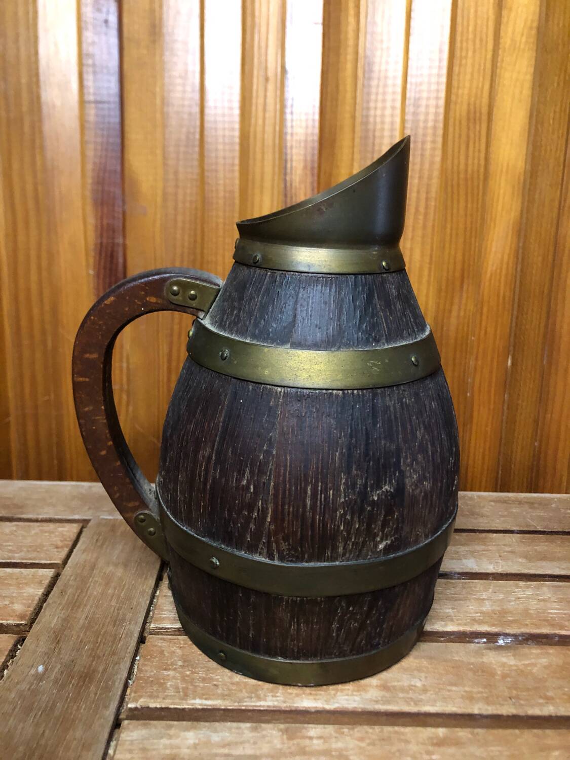 Old Wooden Pitcher + Vintage Brass Strapping