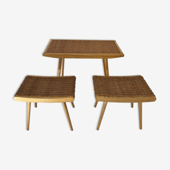 Coffe table and stools in ash and wicker, Czechoslovakia, 1960s