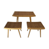 Table de café et tabourets en frêne et osier, Tchécoslovaquie, années 1960