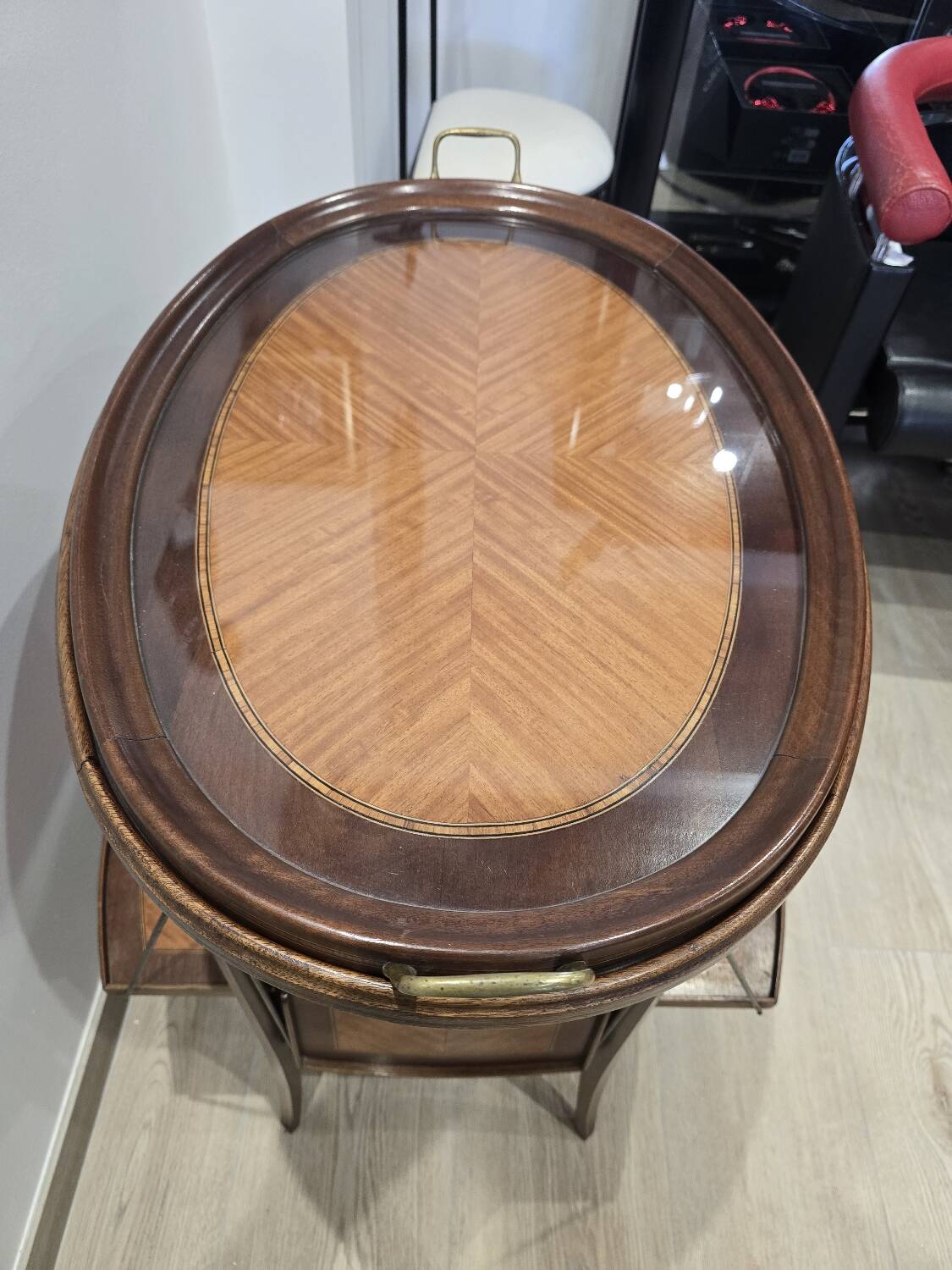 Folding tea table in marquetry wood - removable top
