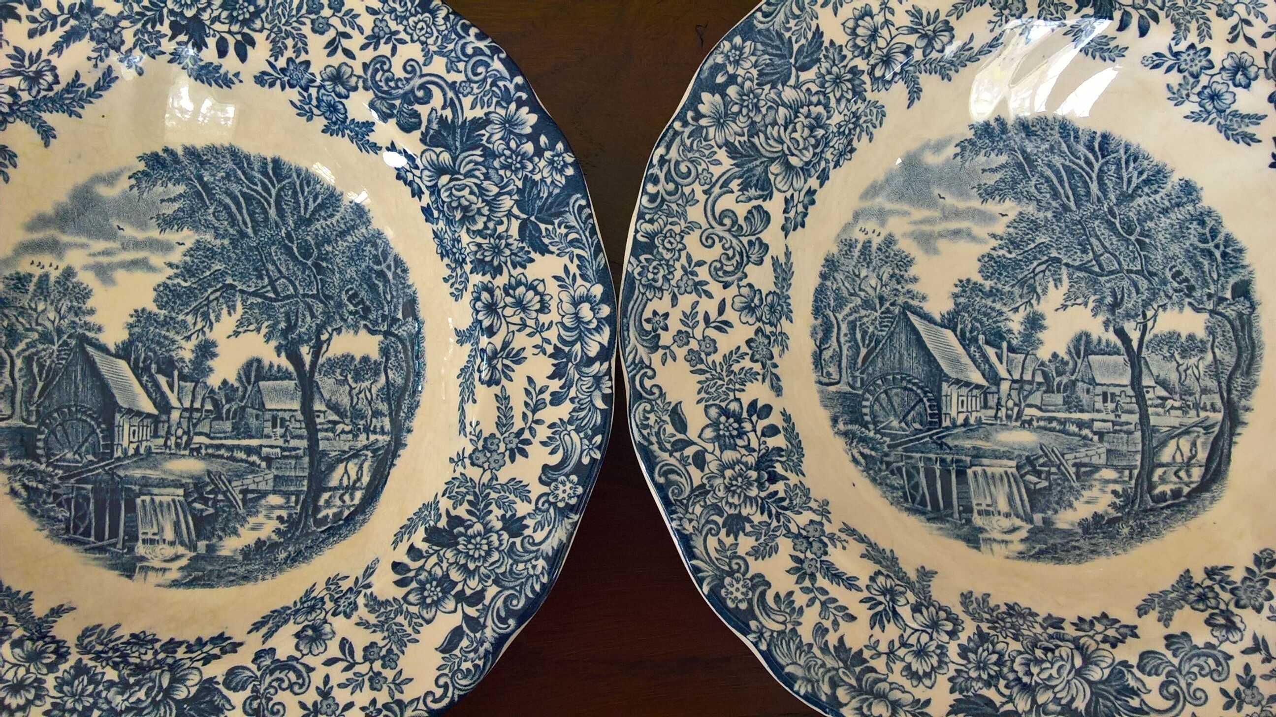 Eight English hollow plates Johnson Bros "Mill Stream"