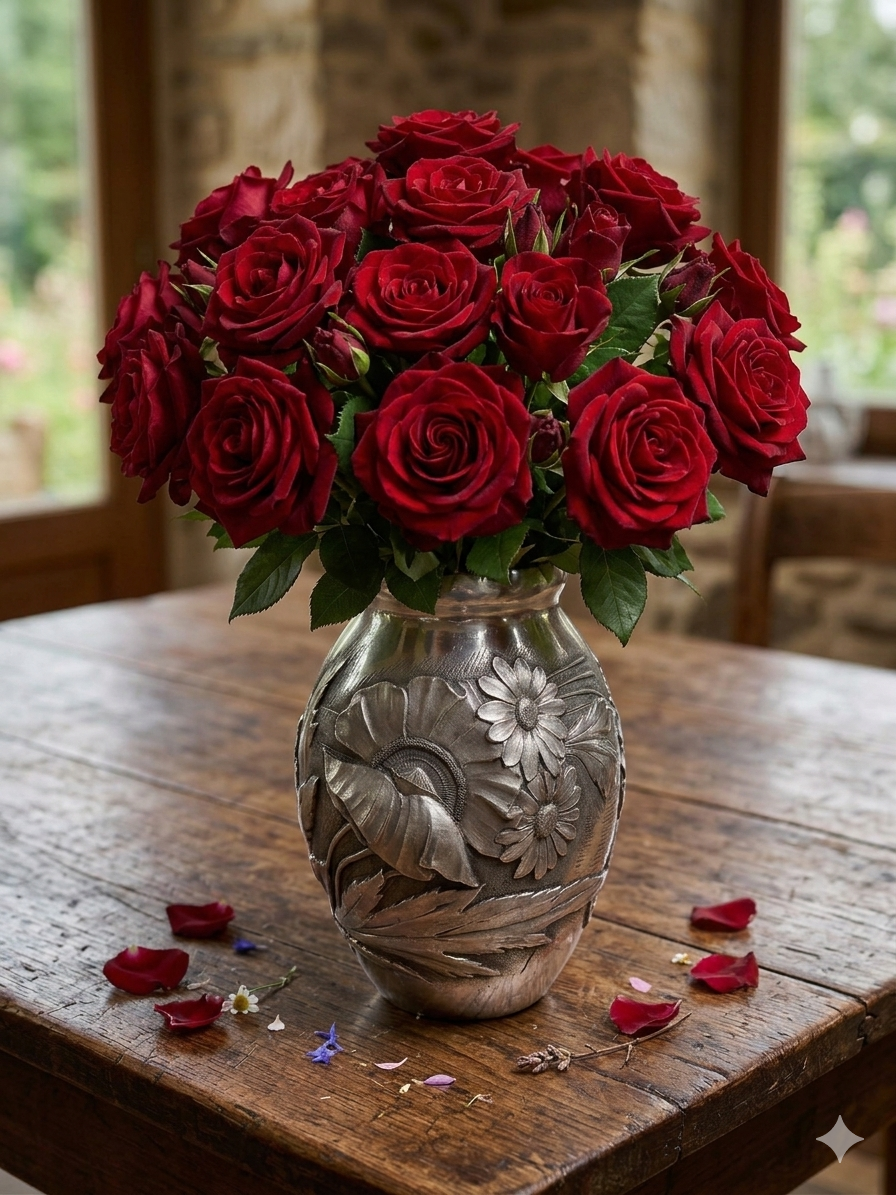 Art Deco vase in repoussé tin Signed Houzeaux Floral decoration 30 cm