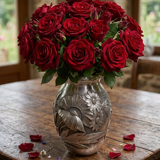 Art Deco vase in repoussé tin Signed Houzeaux Floral decoration 30 cm