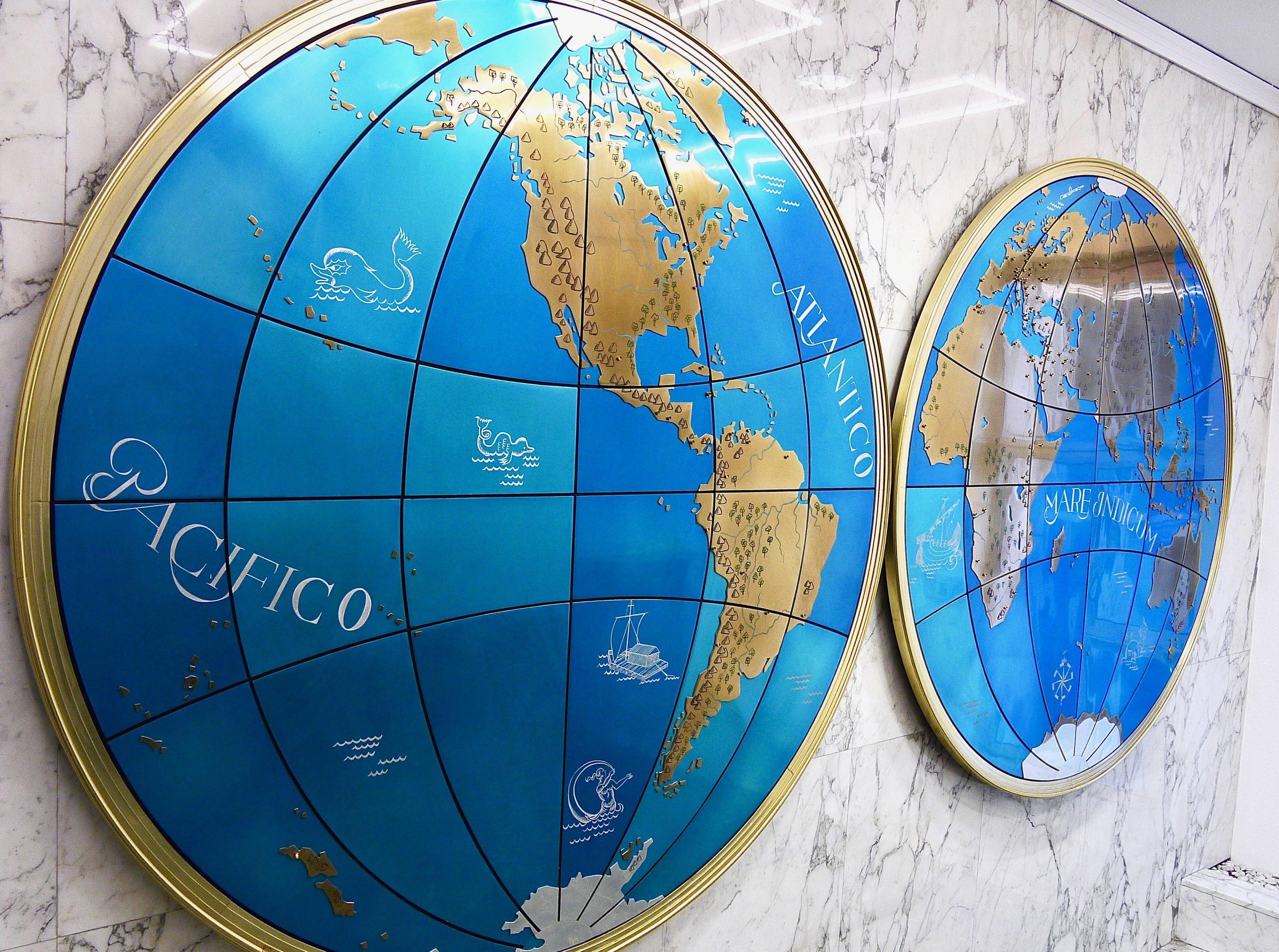 Impressive pair of two giant modern wall globes, world map, diameter 95 inches, 1950s.