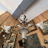 19th century brass and bronze chandelier, Napoleon III, illuminated by 6 tulips and a central globe