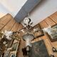 19th century brass and bronze chandelier, Napoleon III, illuminated by 6 tulips and a central globe