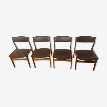 Suite de 4 chaises scandinaves en teck et simili cuir noir, édition Dyrlund, 1960, milieu du siècle