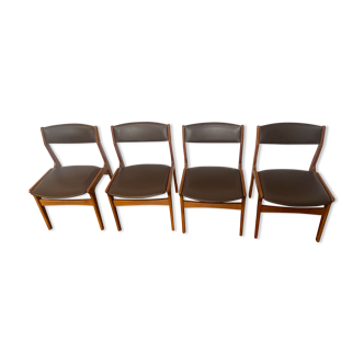 Suite de 4 chaises scandinaves en teck et simili cuir noir, édition Dyrlund, 1960, milieu du siècle