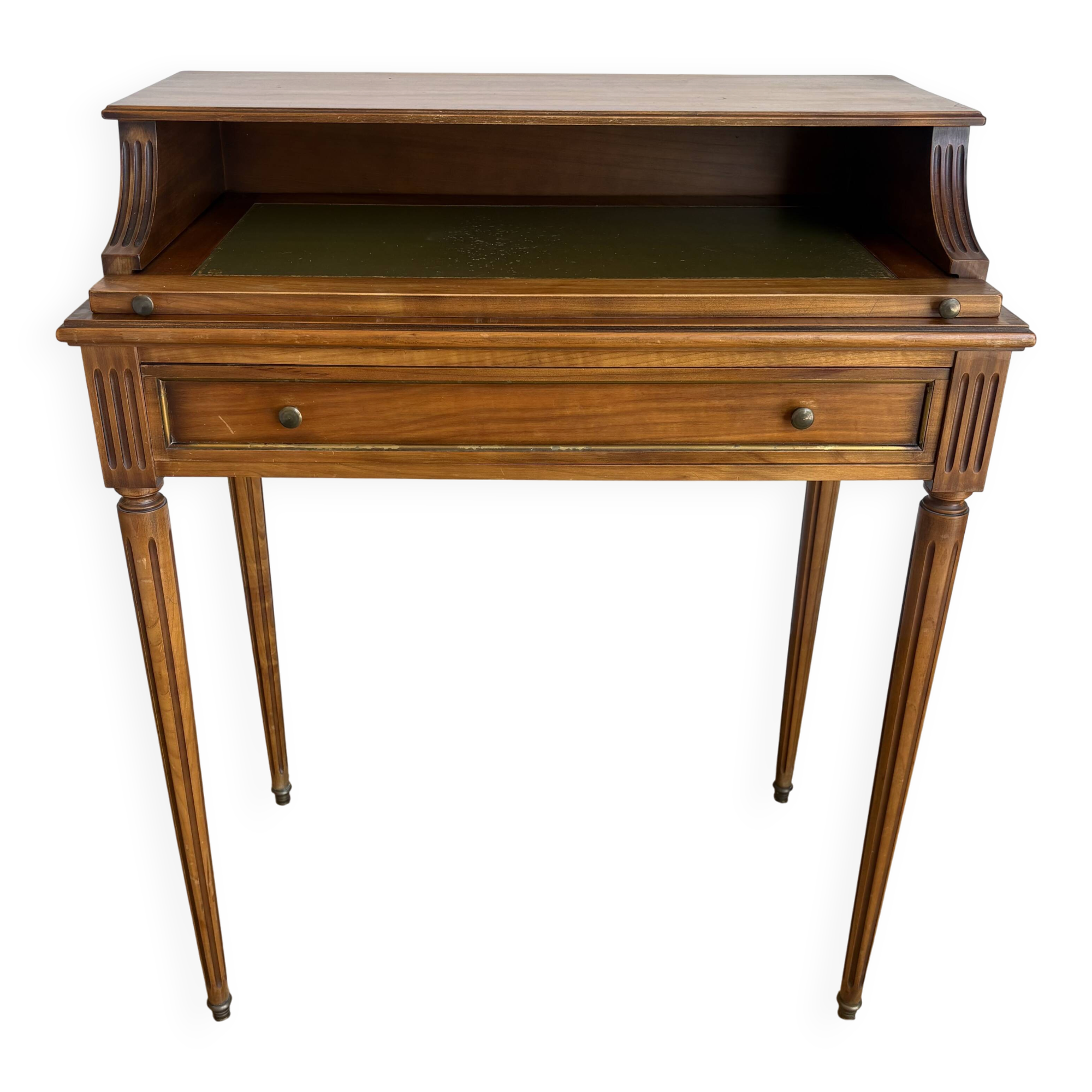 Louis XVI style mahogany telephone table with a green leather top.