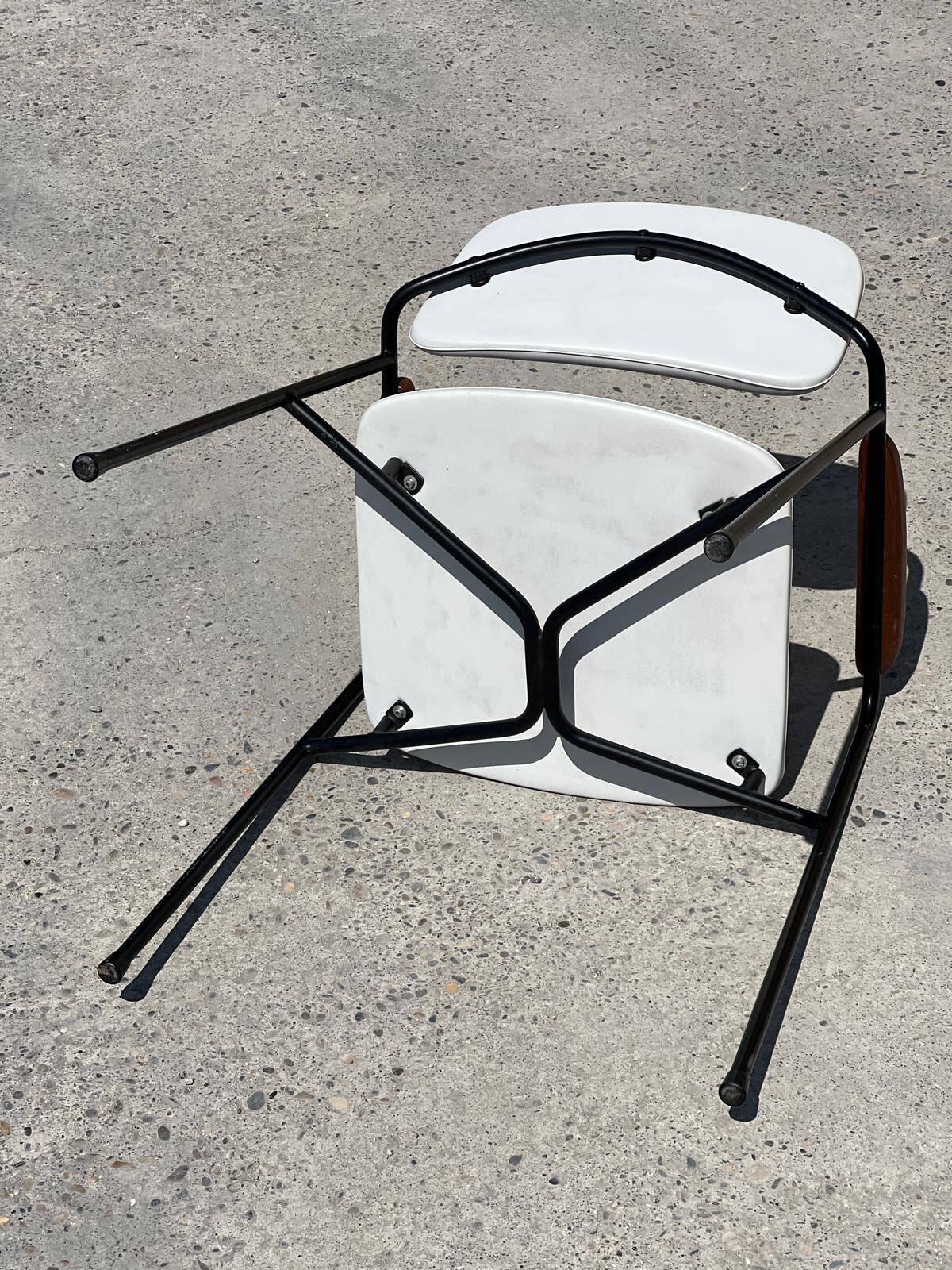 Vintage 1950s metal, oak and faux leather armchair