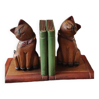 Serres-livres thaïlandais/figurines chats art déco. en bois de suar polychromes