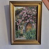 Oil on canvas signed flowered house golden frame