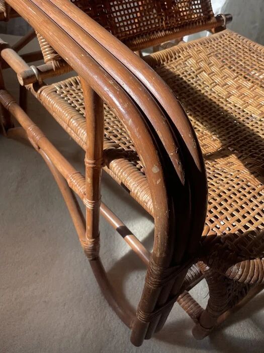 Mid-century adjustable rattan lounge chair with retractable footrest, Japan