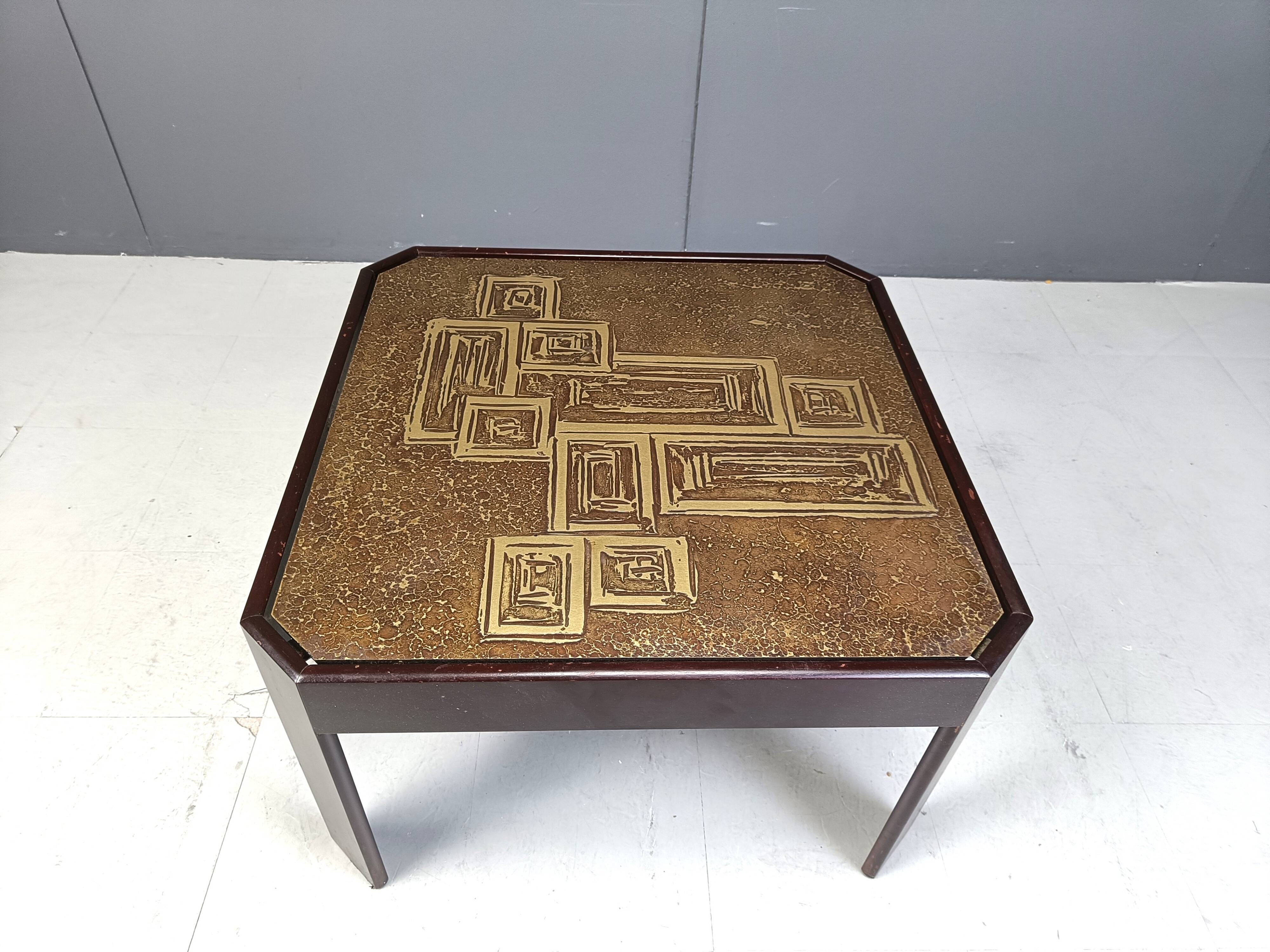 Vintage etched brass coffee table or side table, 1970s