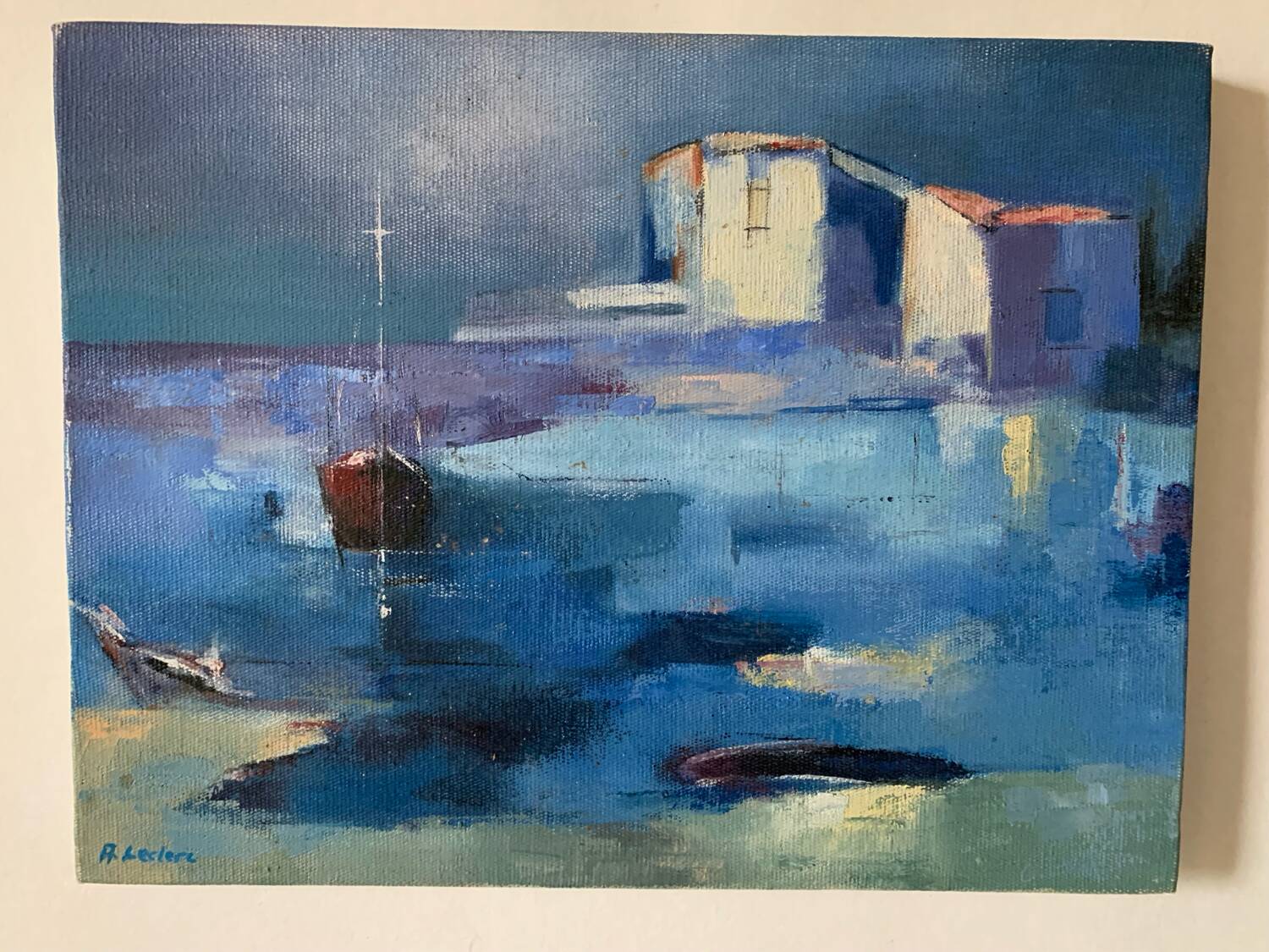 Small oil painting on canvas in blue tones