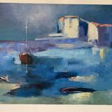 Petit tableau huile sur toile tons bleus