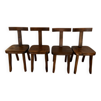 4 brutalist chairs in solid elm 1960-1970