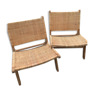 Rattan and teak armchairs