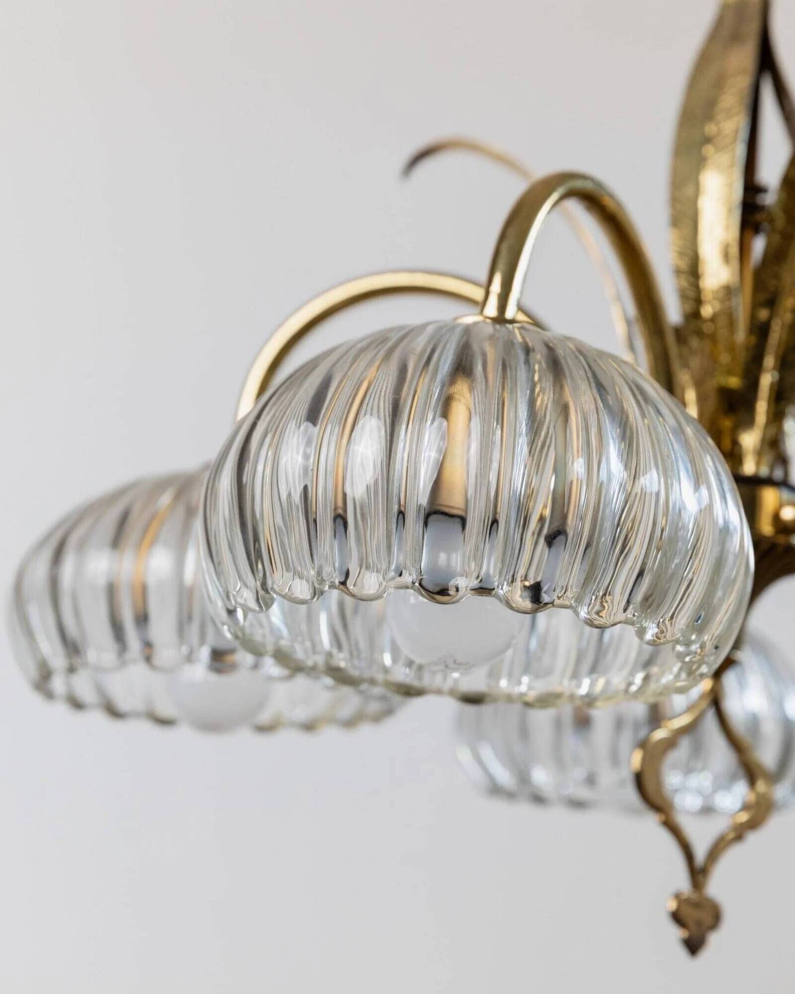XL Clear Murano Glass and Brass Chandelier, Liberty-Style Organic Leaf Design, Italian 1960s