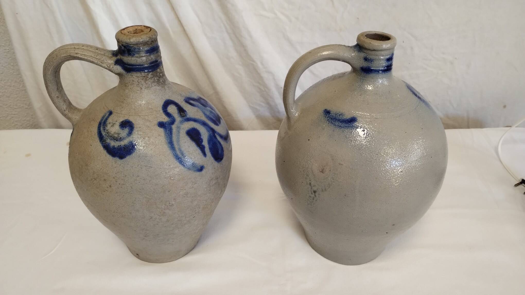 Set of 2 old Alsace stoneware jars (oil cruets)