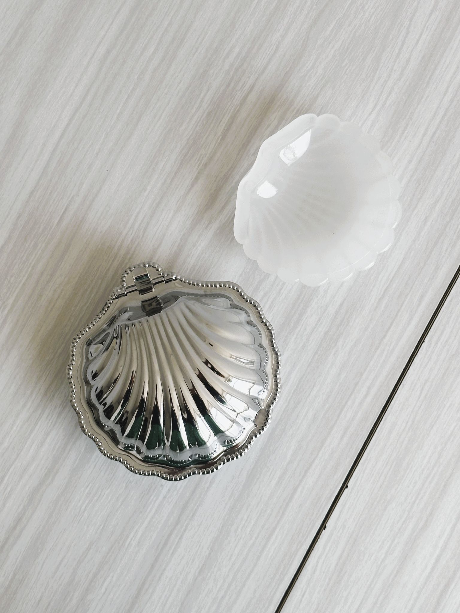 Antique shell butter dish in white glass and metal