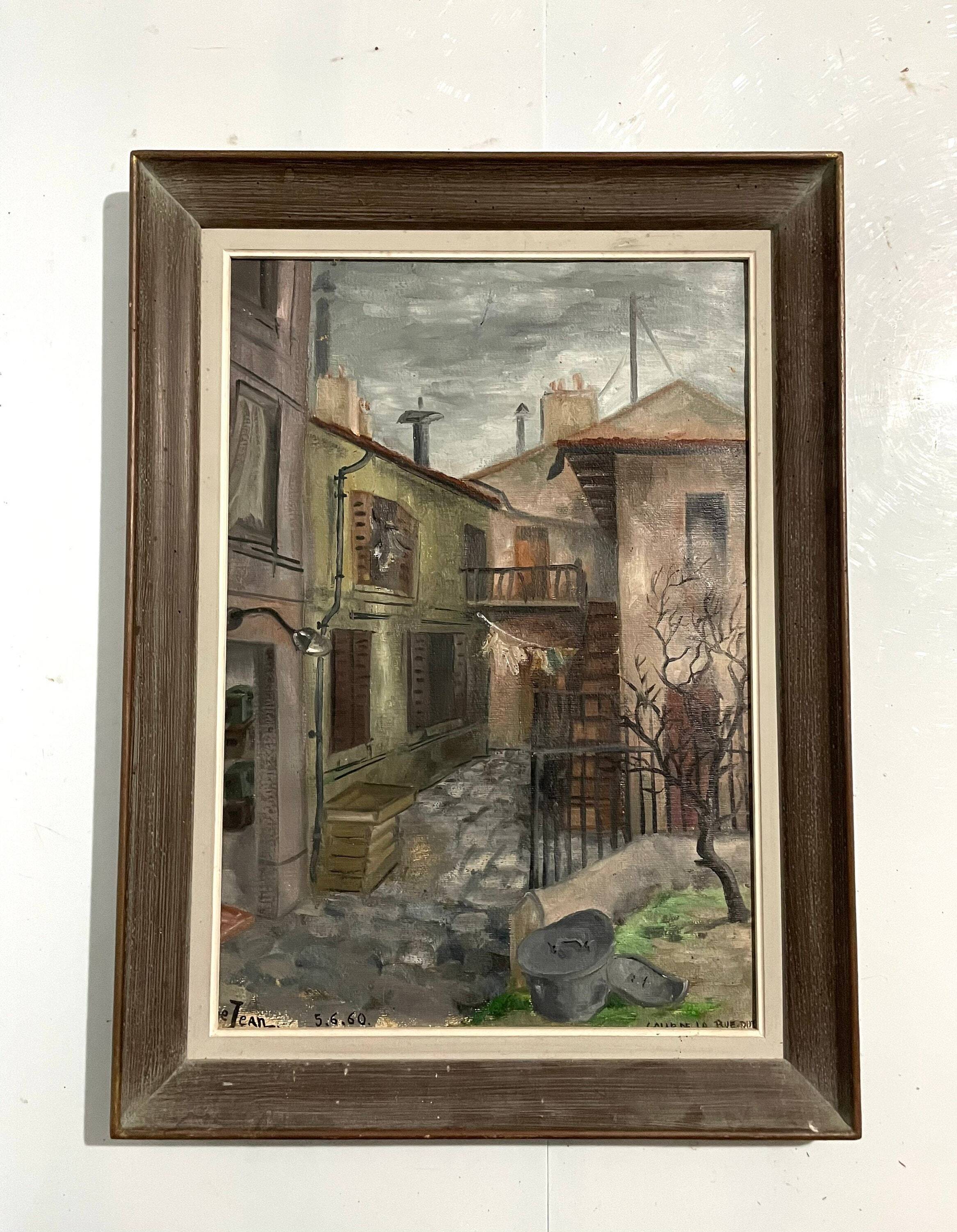 1960s  French Village Street Vintage Oil Painting on Paper with Original