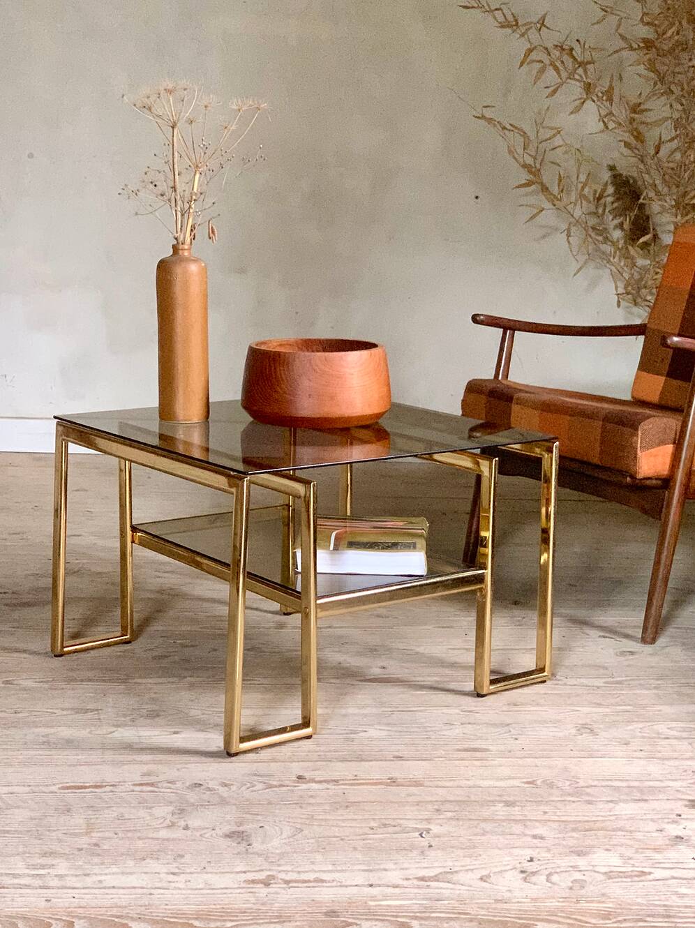 Vintage gold metal and smoked glass coffee table