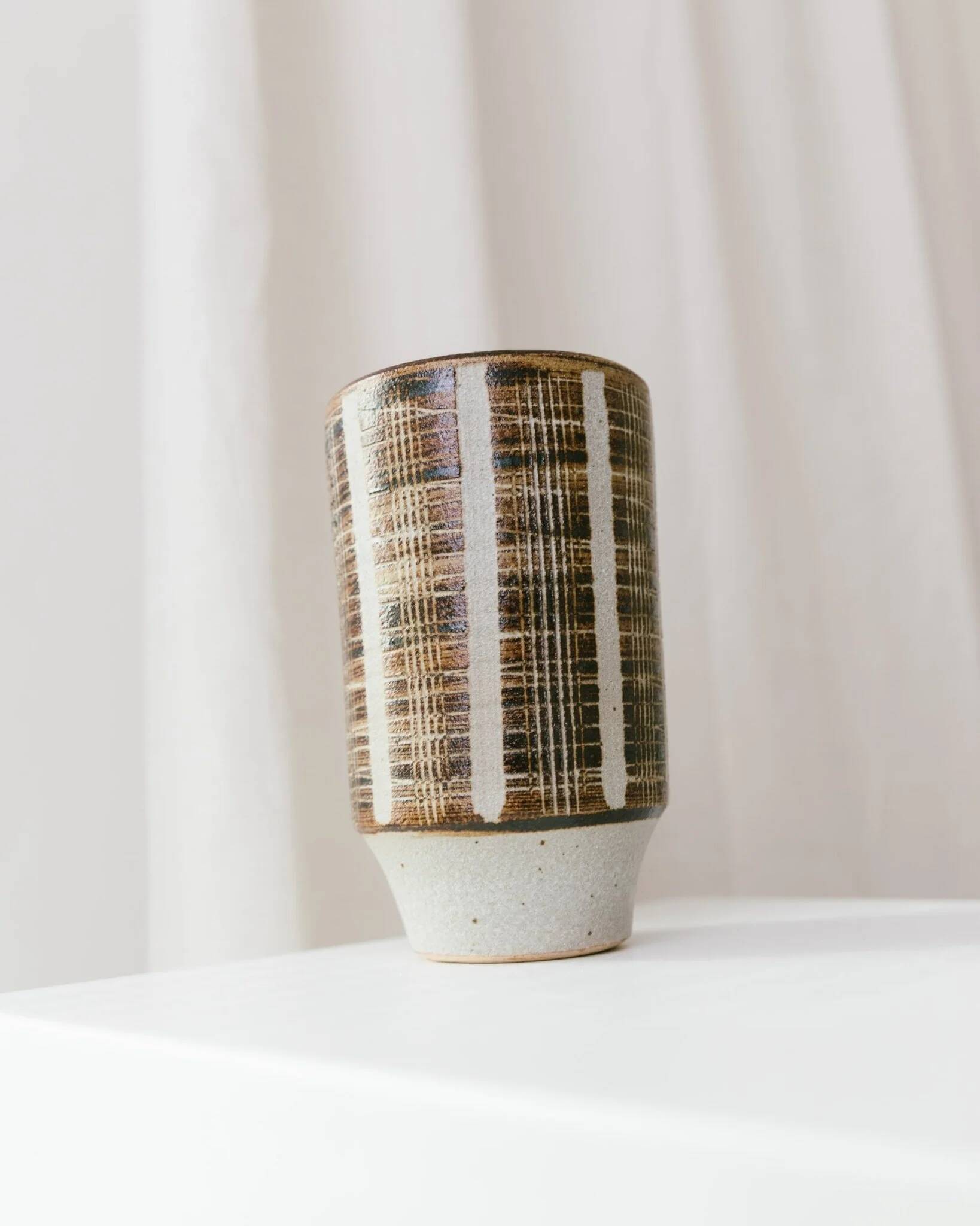 Brown Beige Ceramic Vase - Mid-Century Studio Vase, 1960s, Crosshatch Texture