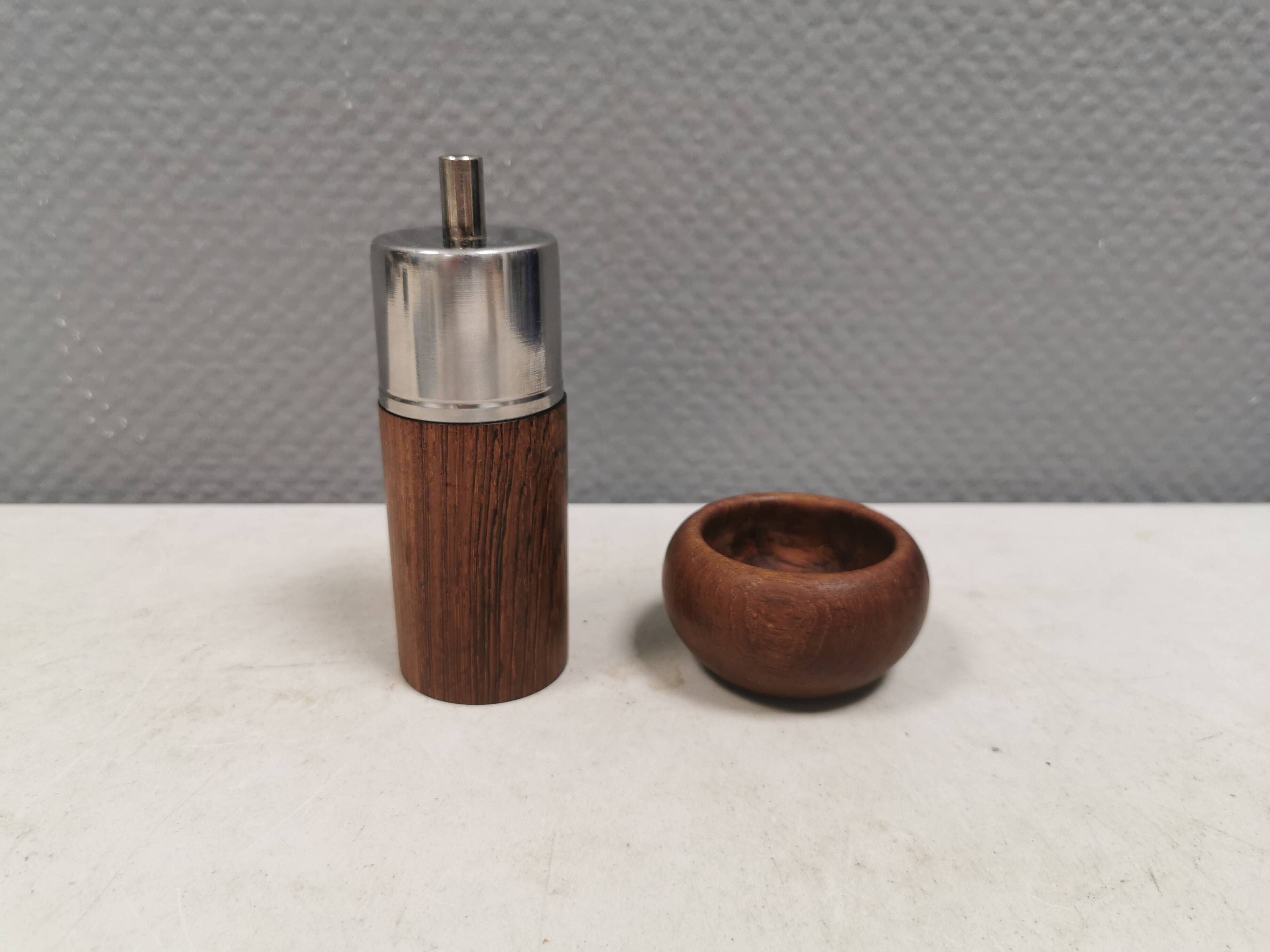 A salt shaker and a pepper mill in teak, made in Denmark 1960-70s