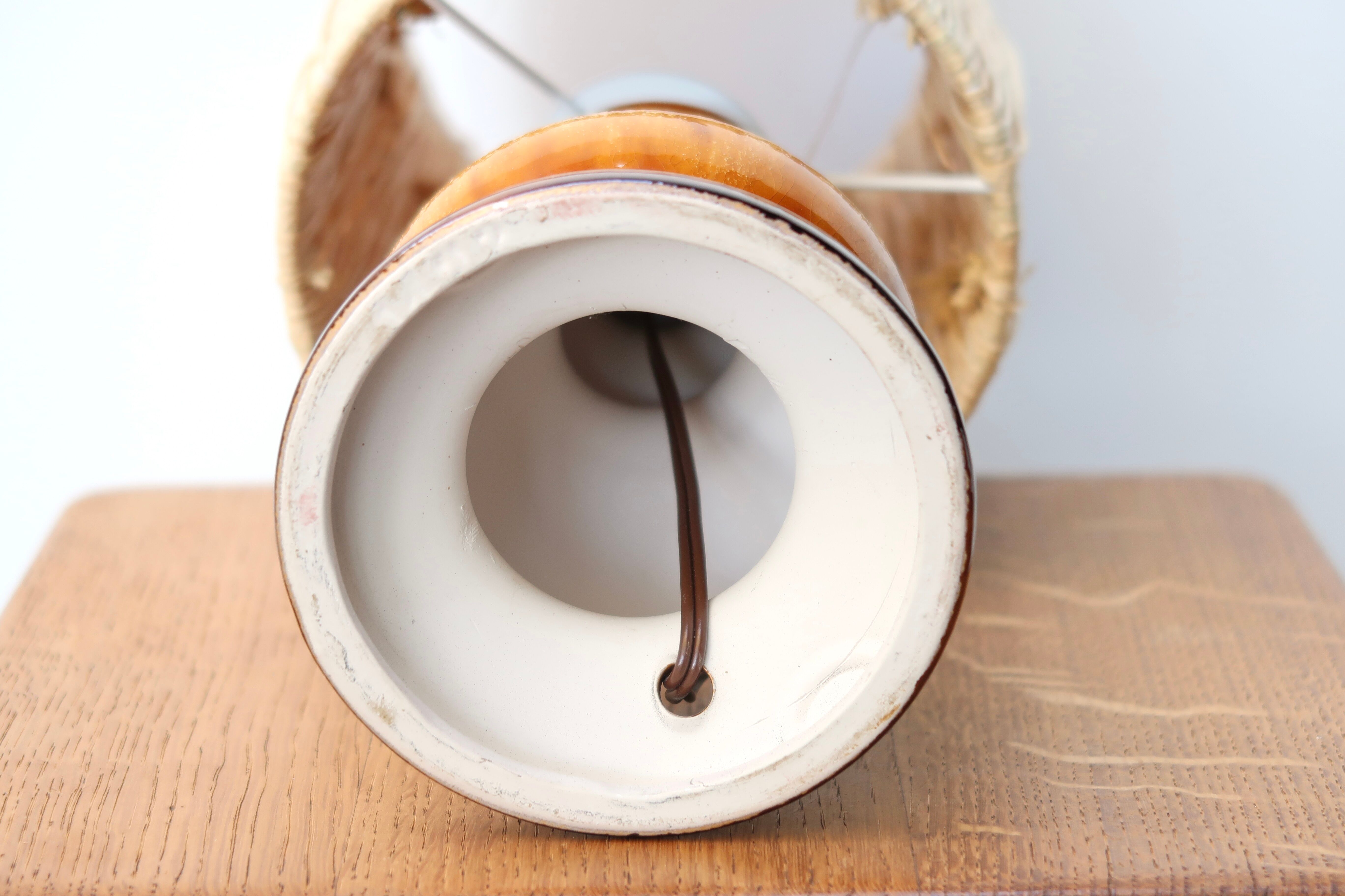 Brown ceramic lamp, raffia shade, 70s