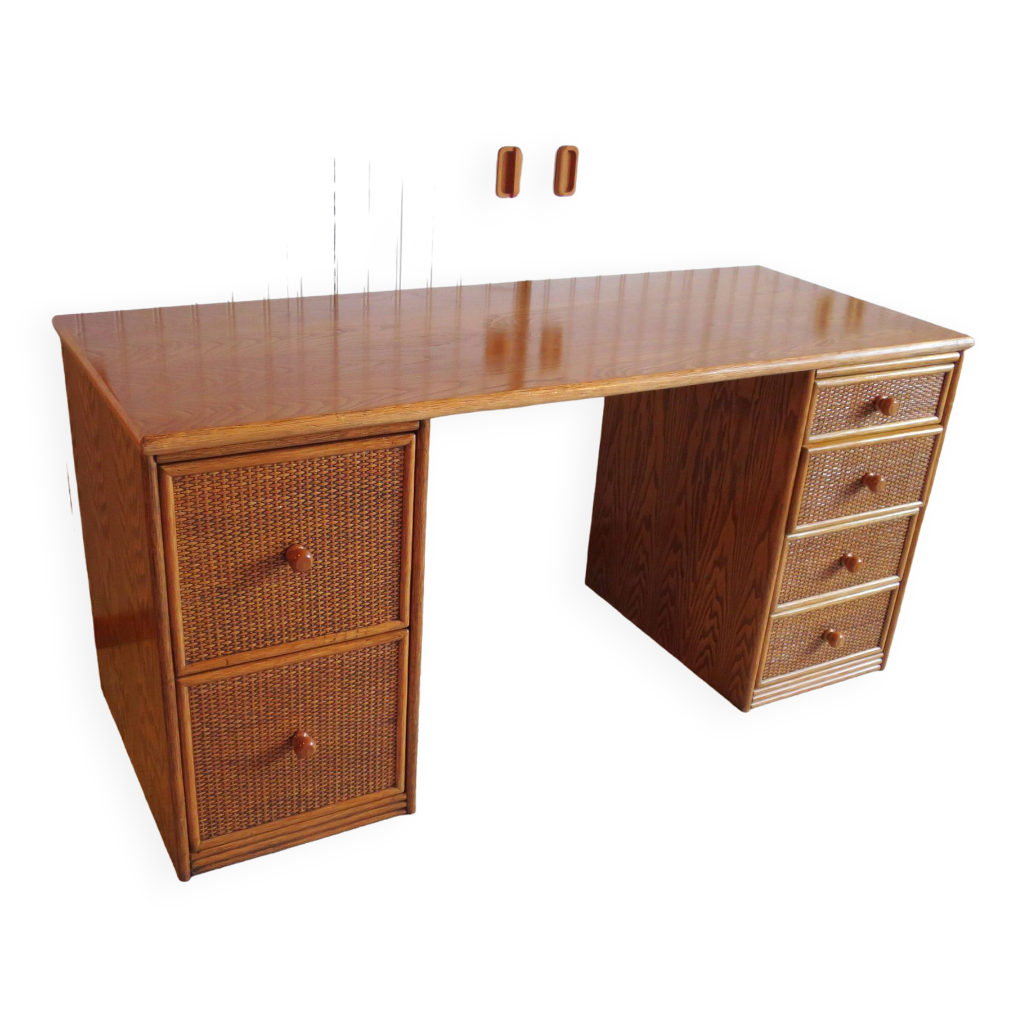 Rare vintage desk Ash and woven rattan - Large top - 6 drawers - Functional desk