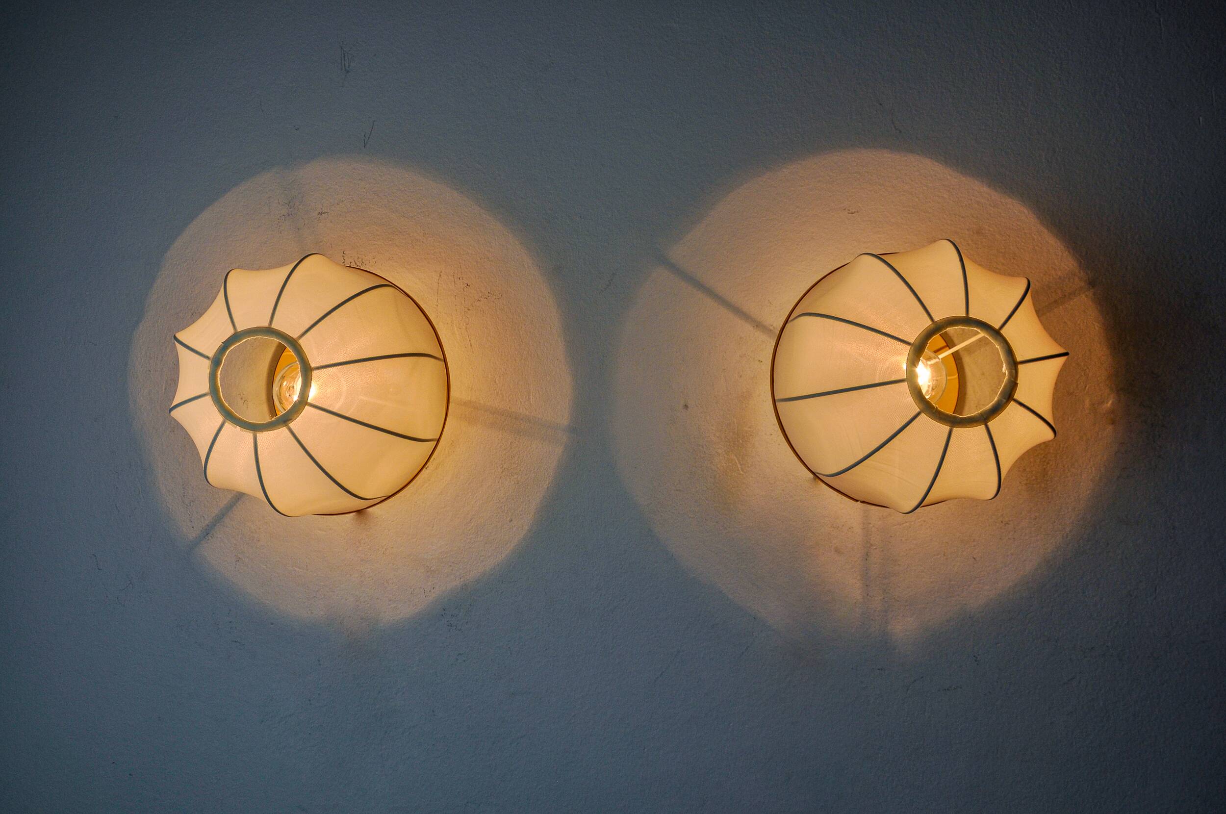 Pair of regency wall lights, pine and stretched canvas, italy, 1970