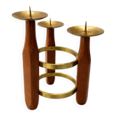 Chandelier ajustable en teck et laiton Mid-Century