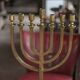 Golden bronze chandelier with seven arms, Menorah, candlestick on a stand, candelabrum.