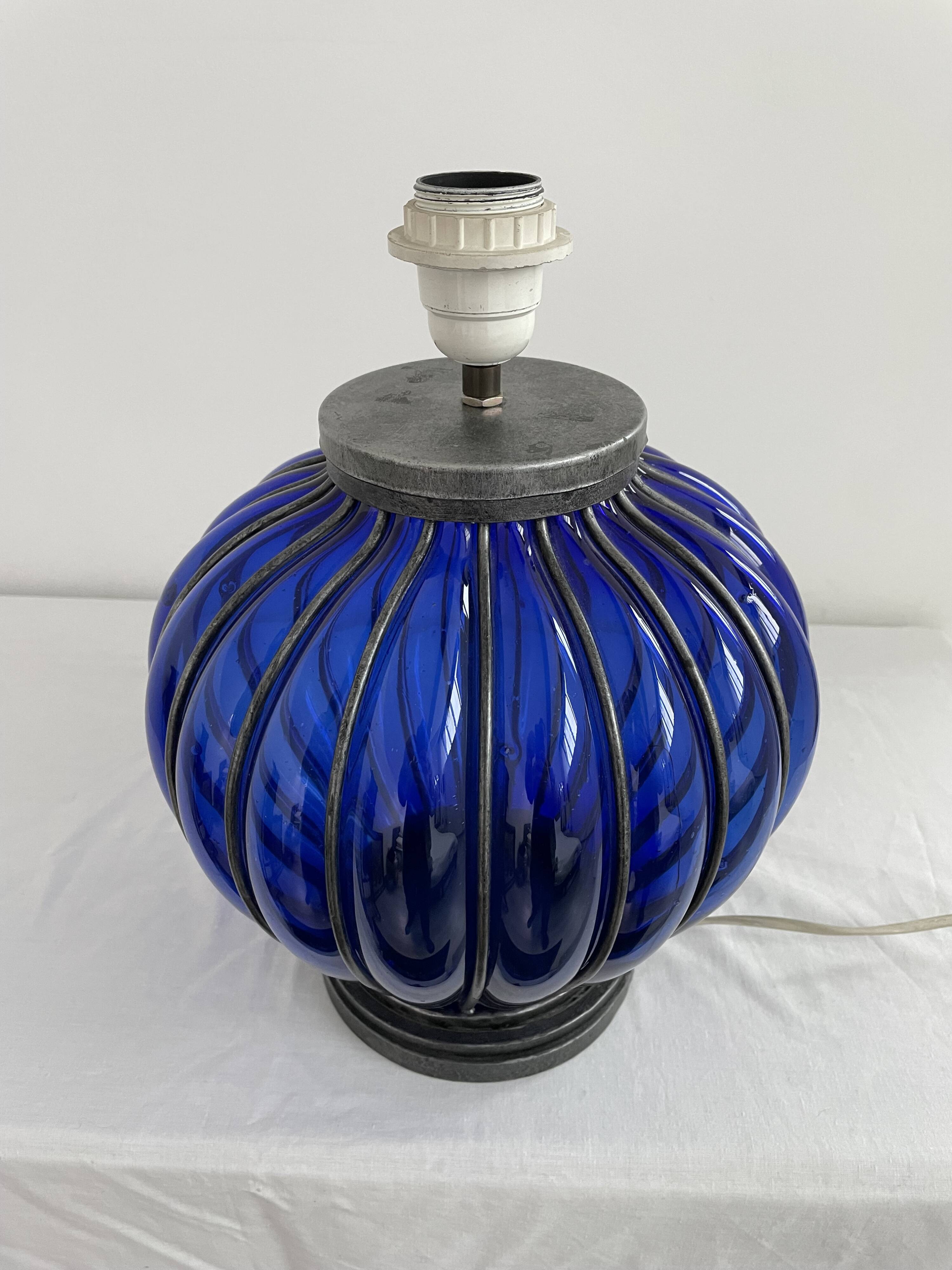 Vintage, blown glass lamp base, cobalt blue, silver metal frame, designer lamp, chic