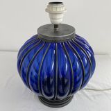 Vintage, blown glass lamp base, cobalt blue, silver metal frame, designer lamp, chic