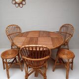 Bamboo table with extensions, 3 chairs and 3 stools from the 60s