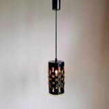 Amber blown glass and midnight blue metal hanging lamp 1960