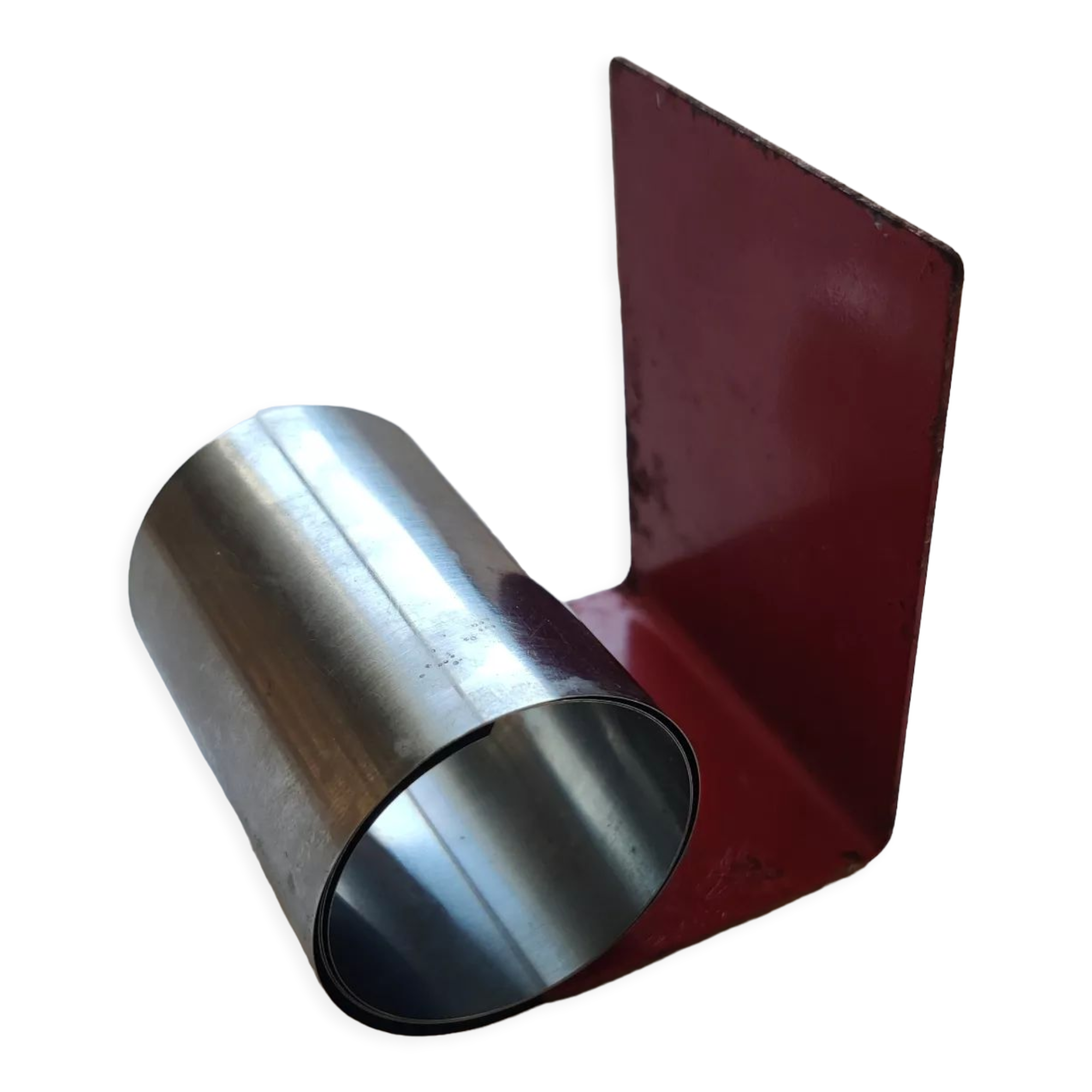 Modernist extendable bookends in brushed stainless steel and red 1970's