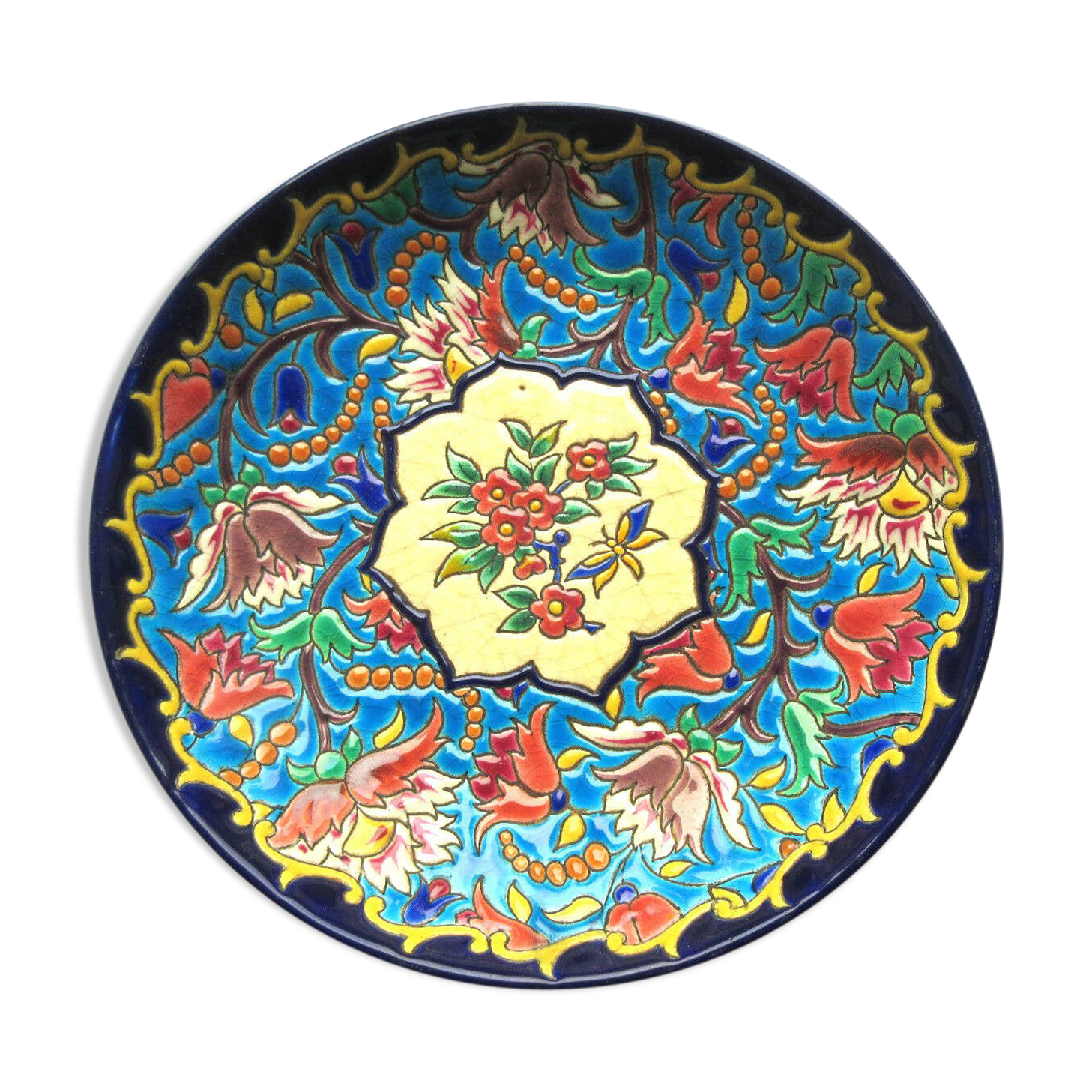 enamel plate, signed LONGWY, Flowers, model "Peonies"