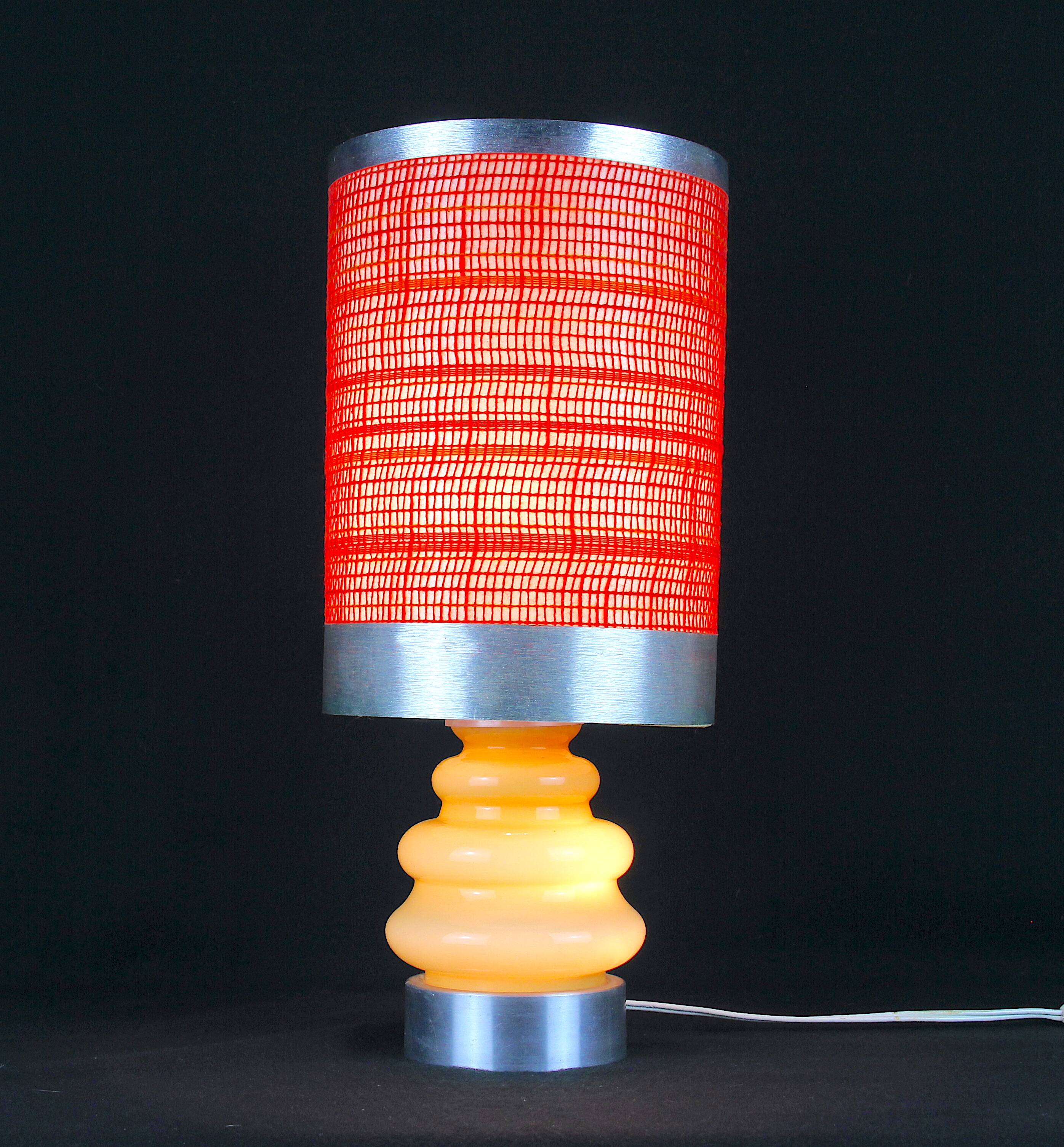 Seventies chrome & ceramic lamp, with original wool lampshade, France 1970s