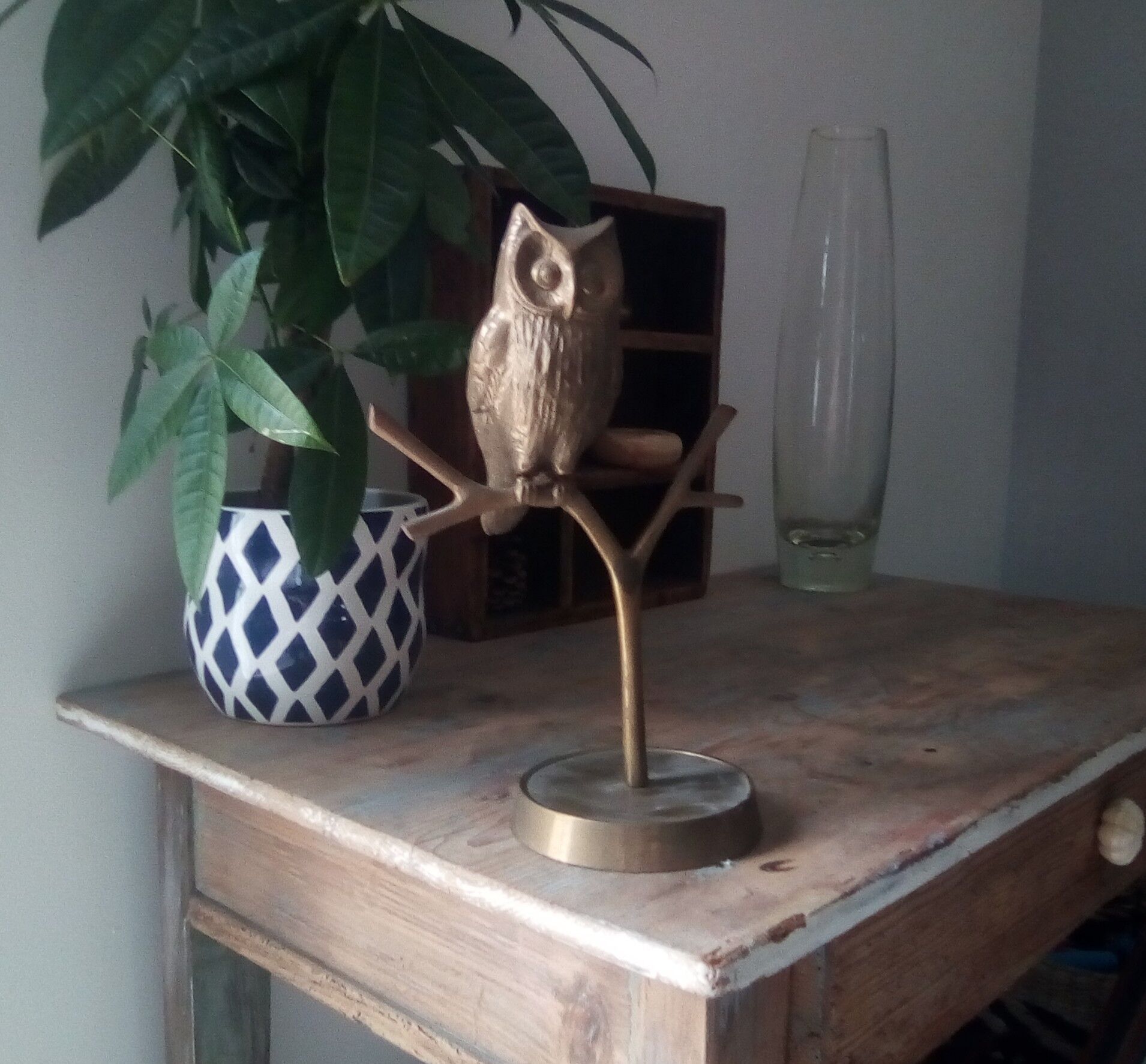 Owl on massive brass tree 70s