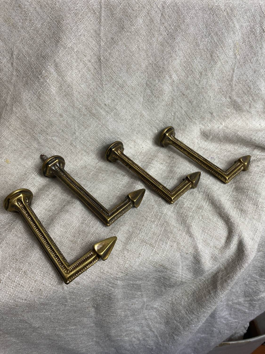 Antique brass curtain hooks and tiebacks