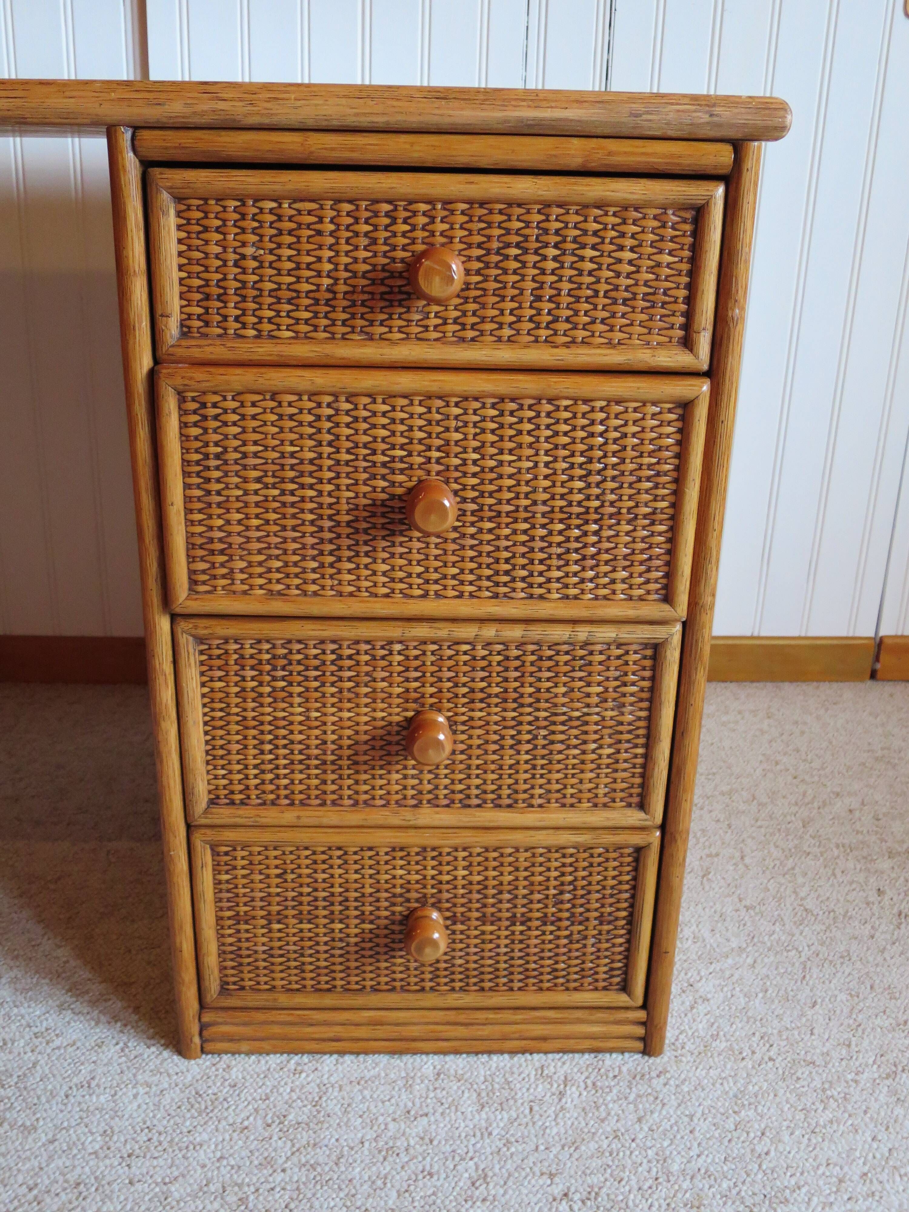 Rare vintage desk Ash and woven rattan - Large top - 6 drawers - Functional desk