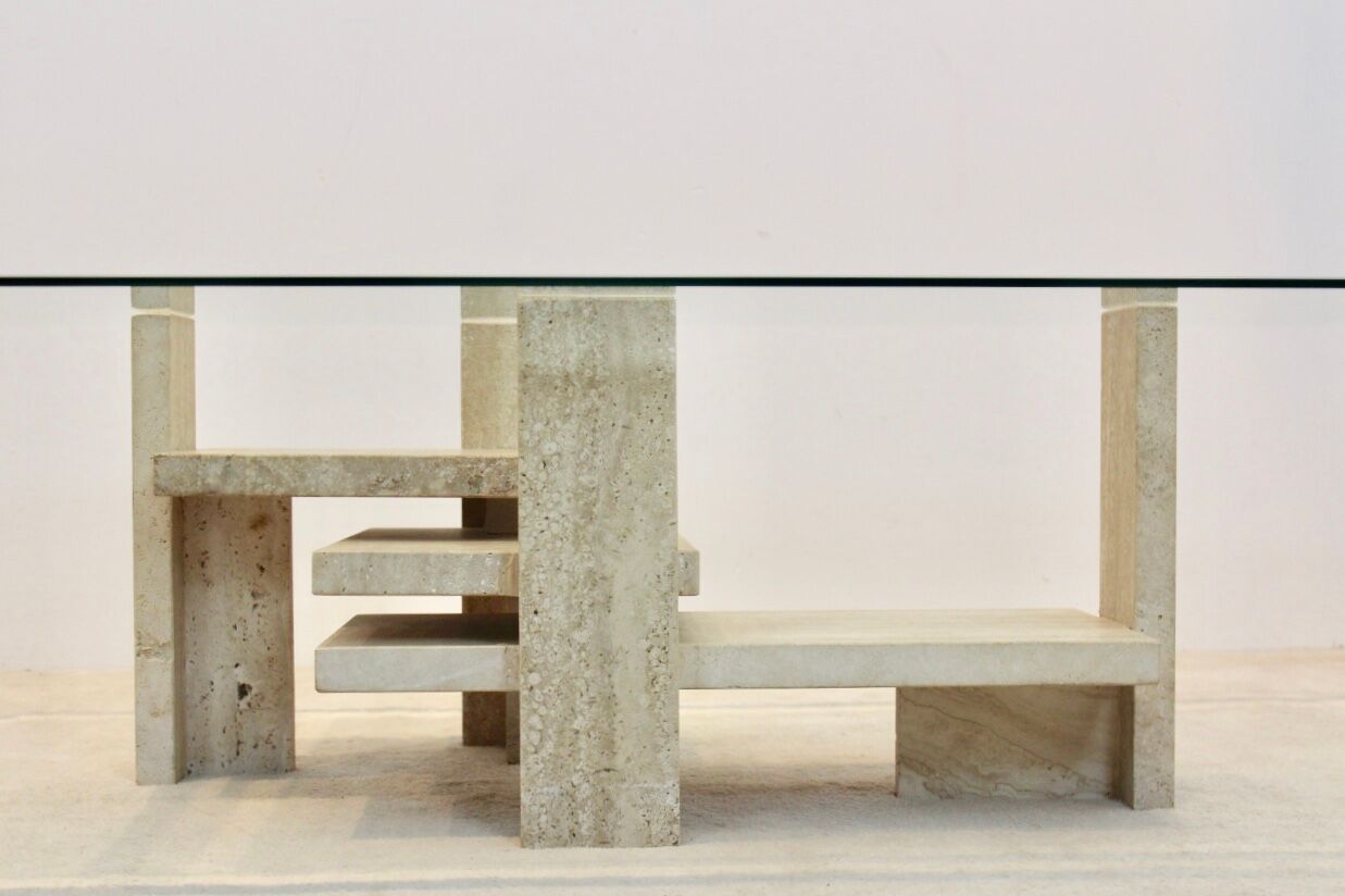 Willy Ballez travertine and cubist glass sculptural coffee table