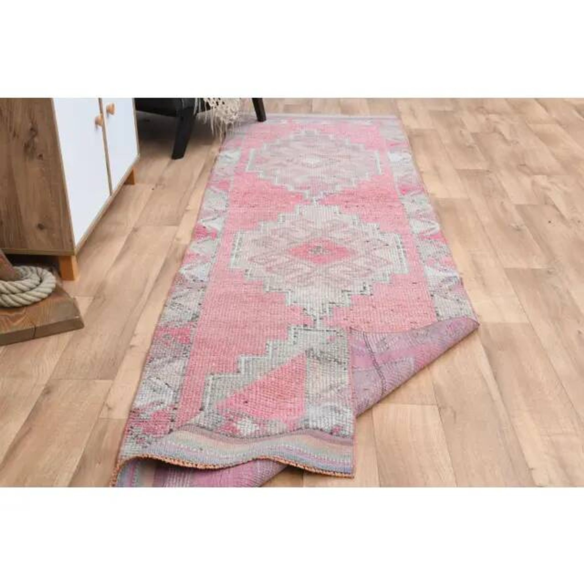 1970s Vintage Turkish Oushak Handmade Wool Cotton Pink Runner Rug 93x327