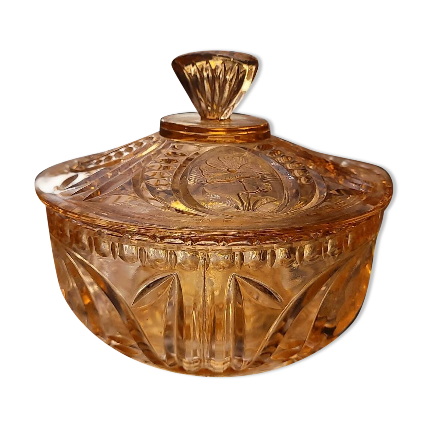 Cut amber glass candy dish – France, 1950s