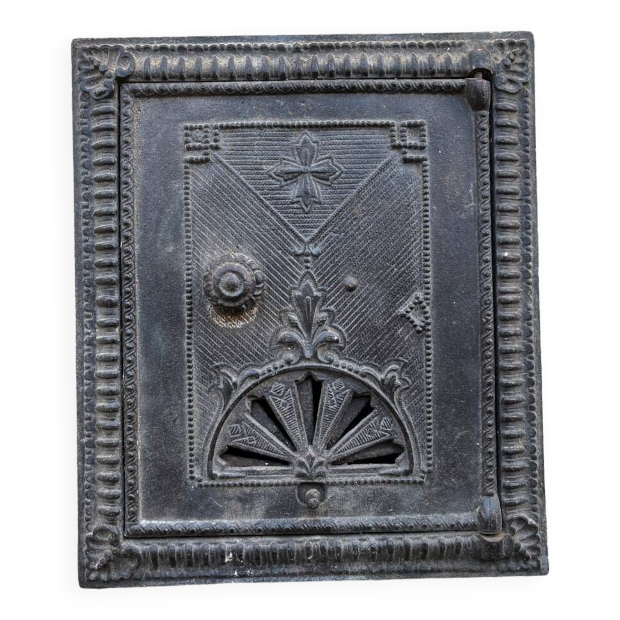 Old 19th century cast iron oven door or fireplace