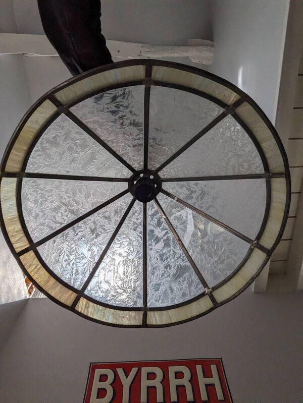 Ancienne grande suspension Art déco abat jour nacre et verre