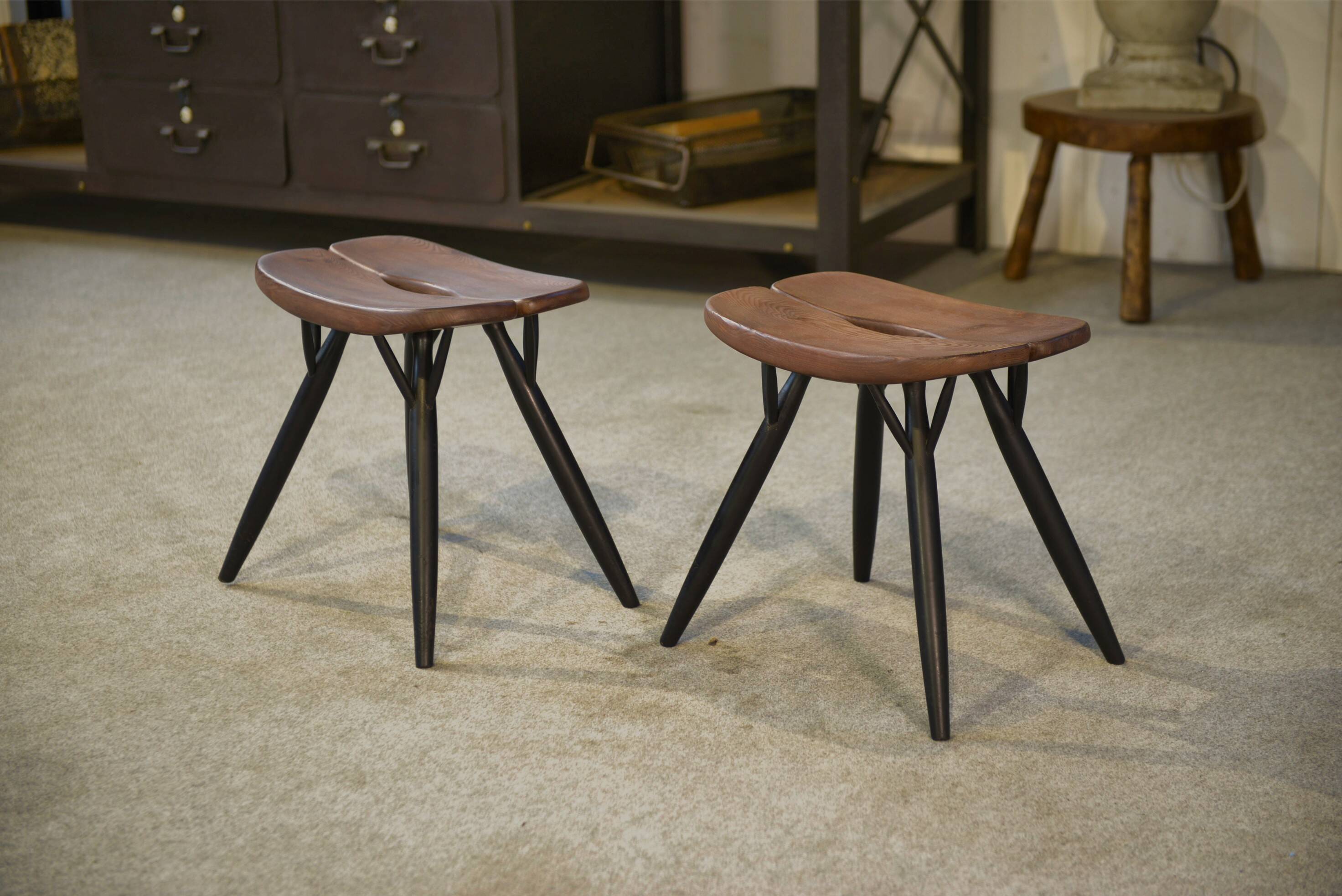 Pair of Pirkka stools by Ilmari Tapiovaara for Laukaan Puu (first edition, stamped) 1950s